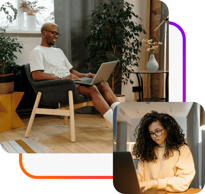 Creative professionals looking at laptops researching why work with Onward Search, a specialized staffing and talent solutions provider