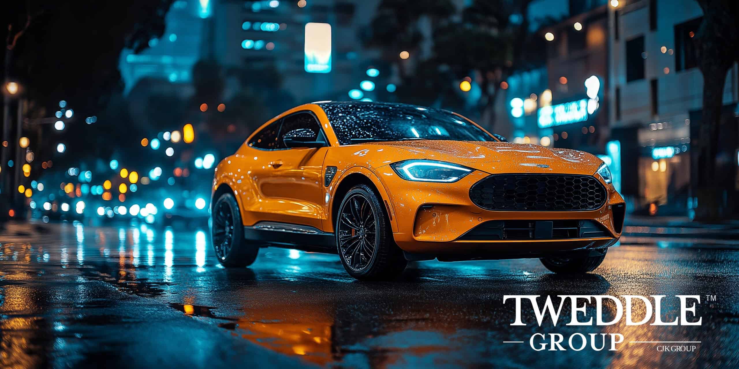 A sleek, vibrant orange sports SUV with a modern design is parked on a wet city street at night. The car's headlights and reflections from surrounding neon lights create a dynamic and futuristic atmosphere. The background features blurred city lights and buildings, enhancing the depth and contrast of the scene. Raindrops on the car's surface add texture and realism. This Generative AI Training Case Study featured image was produced by Tweddle Group using AI.